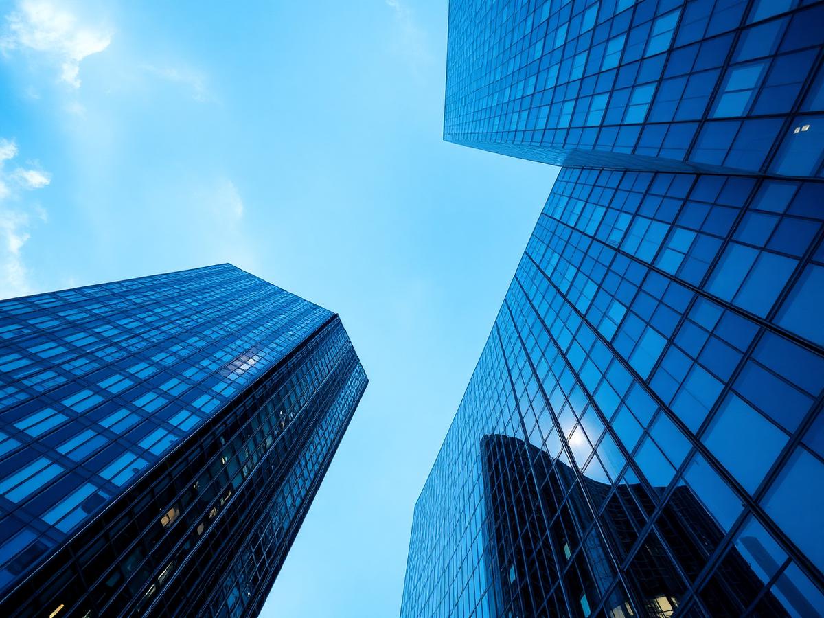 Modern glass office towers seen from below