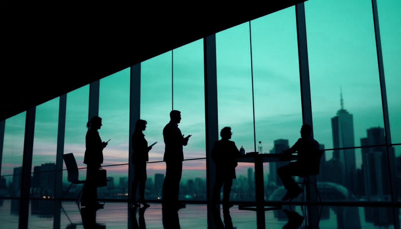 Executive team meeting in a modern office at dusk