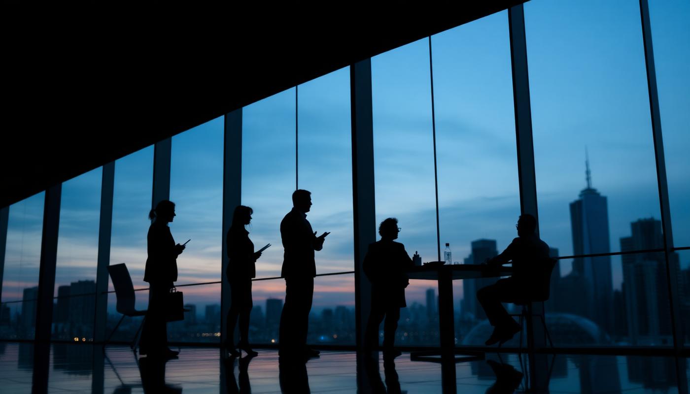 Executive team meeting in a modern office at dusk
